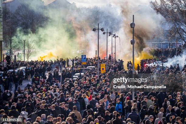 Supporters of AIK await for the arrival of the team bus before the start of the opening day Allsvenskan match between AIK and Ostersunds FK at...