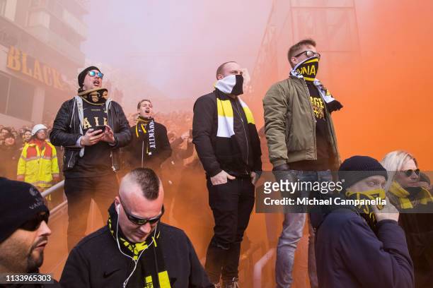 Supporters of AIK await for the arrival of the team bus before the start of the opening day Allsvenskan match between AIK and Ostersunds FK at...