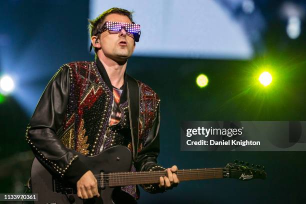 Musician Matt Bellamy of Muse performs on stage at Pechanga Arena on March 05, 2019 in San Diego, California.