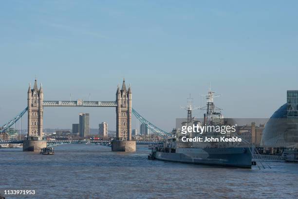 General vies of Tower Bridge and the HMS Belfast on the River Thames on February 21, 2019 in London, England. Warm air sweeping up from the continent...