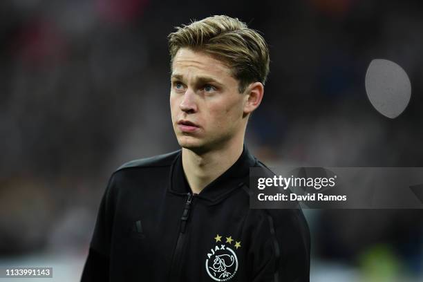 Frenkie De Jong of Ajax looks on during the UEFA Champions League Round of 16 Second Leg match between Real Madrid and Ajax at Bernabeu on March 05,...