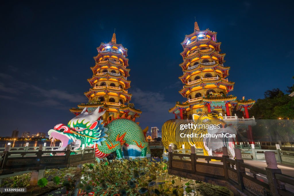Dragon and Tiger Pagodas at lotus lake, Kaohsiung, Taiwan at night