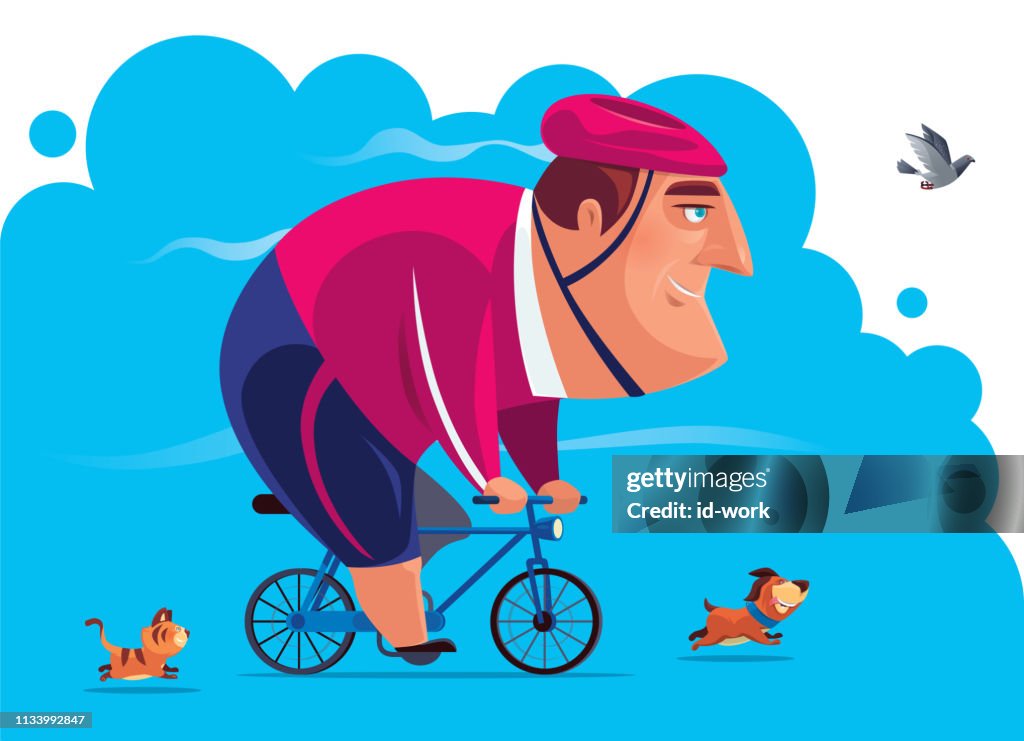 Man on bicycle racing with pets