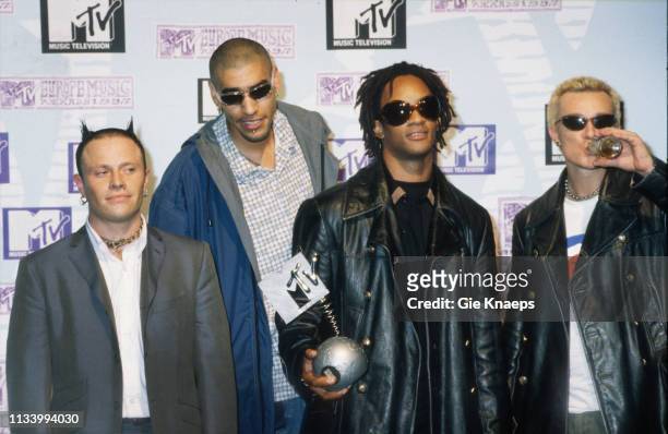 Keith Flint, Leeroy Thornhill, Maxim, Liam Howlett at MTV Europe Music Awards, Ahoy Sportpaleis, Rotterdam, Holland, 6th November 1997.