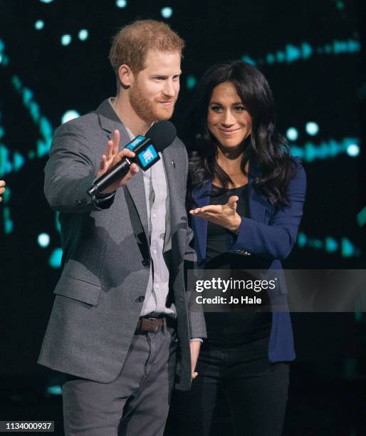 Prince Harry, Duke of Sussex and Meghan, Duchess of Sussex on stage at We Day UK at SSE Arena on March 06, 2019 in London, England.