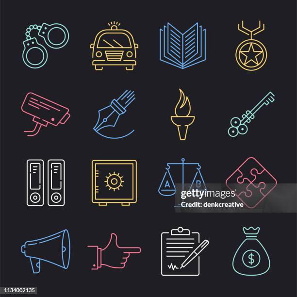 police & community neon style vector icon set - welfare reform stock illustrations