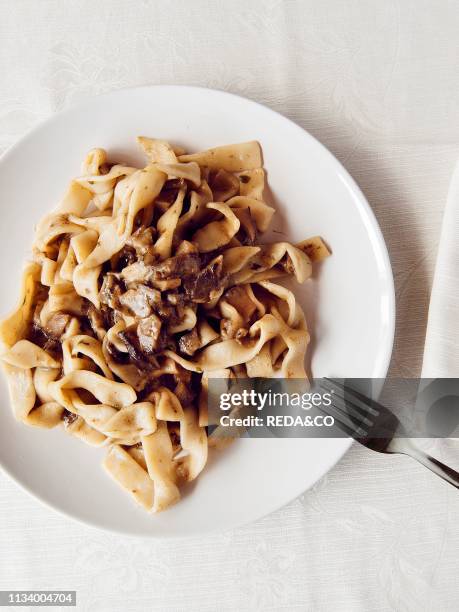 Hand made pasta fettuccine with organic porcini mushrooms, Il Giardino Di Epicuro restaurant, the epicurean garden, Maratea, Basilicata, Italy,...