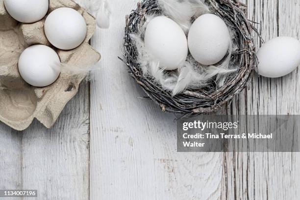 egg in nest on dark wooden background. easter. - festliches ereignis fotografías e imágenes de stock