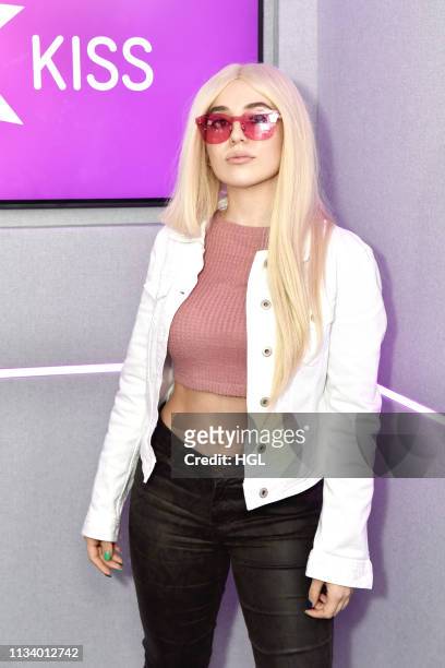 Singer Ava Max visits Kiss FM Studio's on March 06, 2019 in London, England.