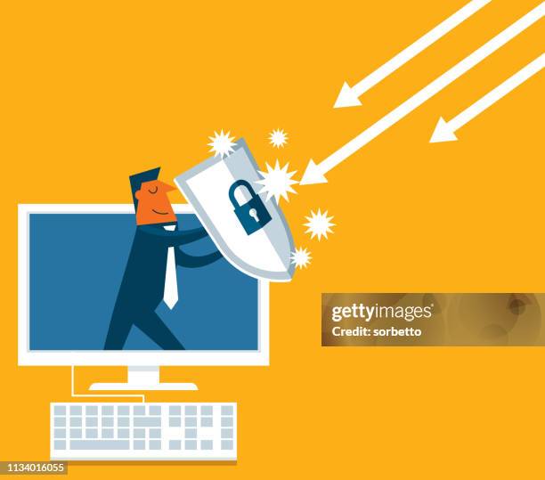 ilustraciones, imágenes clip art, dibujos animados e iconos de stock de empresario fuera de una computadora con un escudo - computer crime