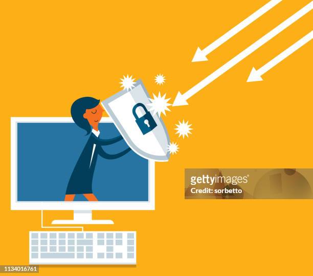 businesswoman out from a computer with a shield - security stock illustrations