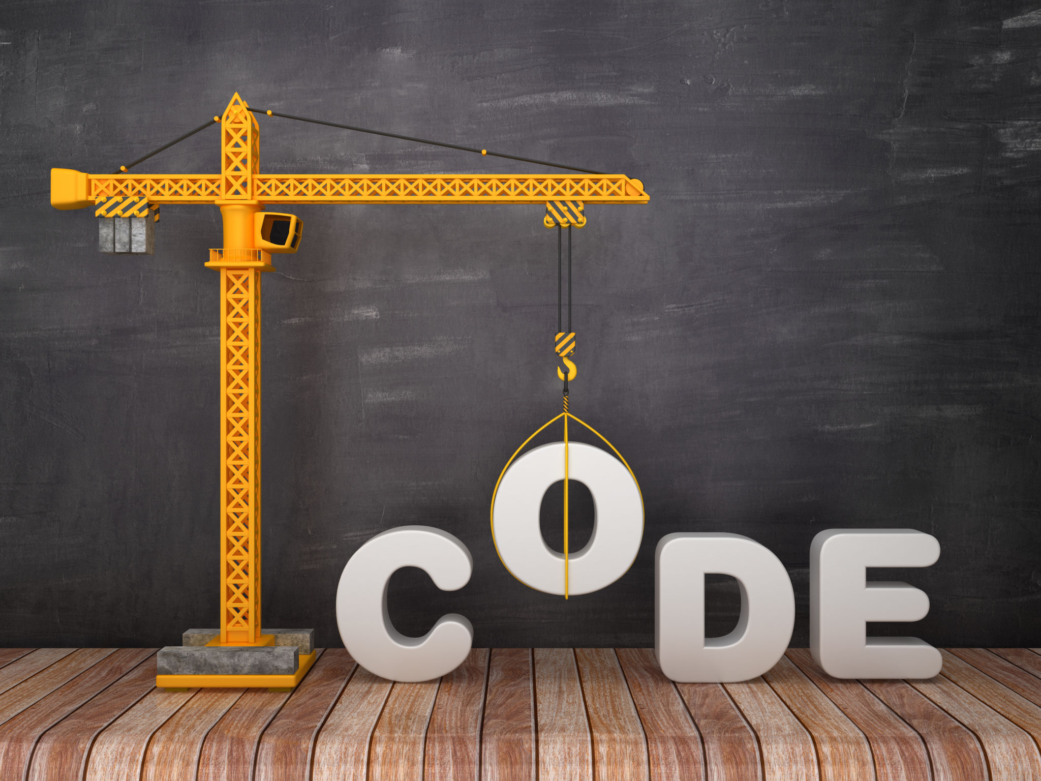 Tower Crane with CODE Word on Chalkboard Background - 3D Rendering Tower Crane with CODE Word on Chalkboard Background - 3D Rendering
