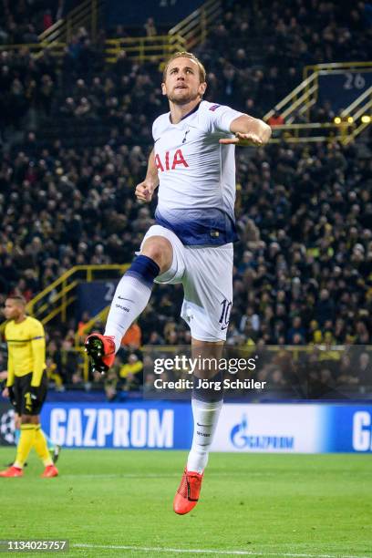 Harry Kane of Tottenham celebrating after scoring the 0-1 lead during the UEFA Champions League Round of 16 Second Leg match between Borussia...