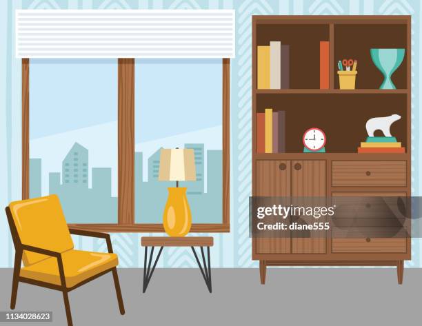 living room with furniture and accessories - bookshelf vector stock illustrations