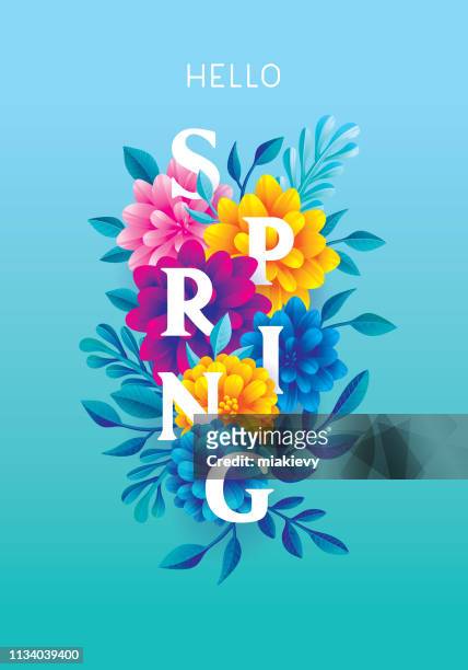 ilustraciones, imágenes clip art, dibujos animados e iconos de stock de hello spring tarjeta de felicitación - flores