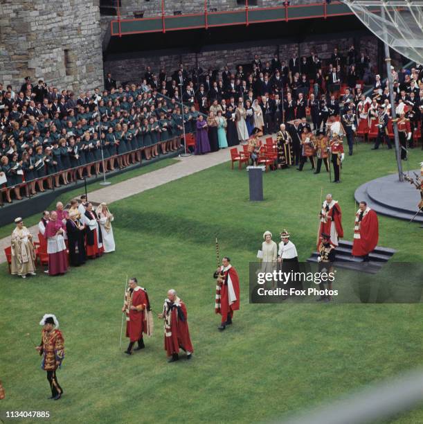 Prince Charles leaving the Upper Ward of Caernarfon Castle after the ceremony of Charles' investiture as Prince of Wales, Gwynedd, Wales, 1st July...