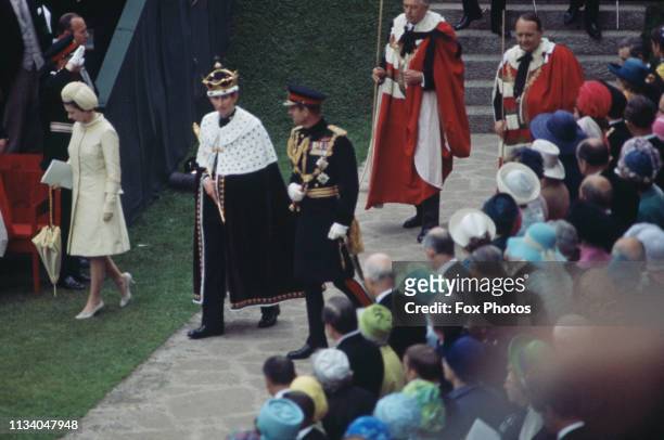 Prince Charles leaving the Upper Ward of Caernarfon Castle after the ceremony of Charles' investiture as Prince of Wales, Gwynedd, Wales, 1st July...