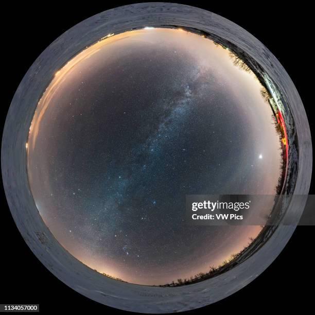 Fish-eye scene of the winter sky from home in southern Alberta, with Orion rising into the southeast at bottom, and Venus bright as an evening “star”...