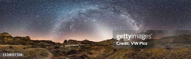 Panorama of the winter sky over Dinosaur Provincial Park, Alberta, on February 28, 2017 The Milky Way arches across the sky from south left to...