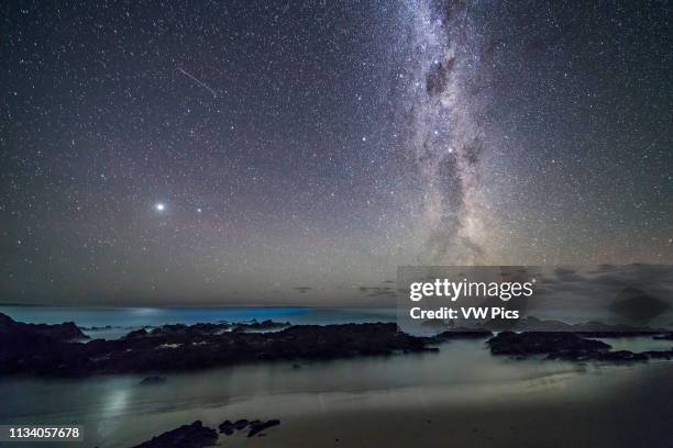 Jupiter and the southern Milky Way rising over the Tasman Sea, at Cape Conran, on the Gippsland Coast in Victoria, Australia The Southern Cross and...