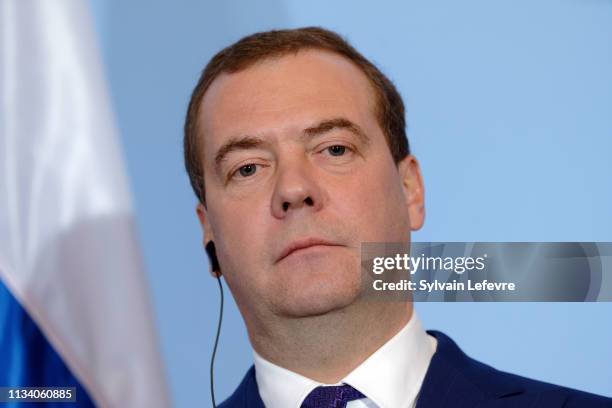 Russia's Prime Minister Dmitry Medvedev during a joint press conference with Luxembourg's Prime Minister Xavier Bettel following Russia-Luxembourg...