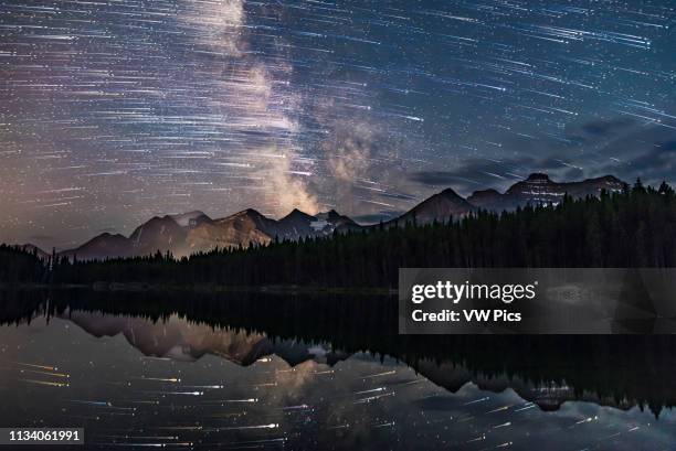 Blend of images to show the stars of the southern sky moving from east to west left to right over the peaks of the Continental Divide at Herbert Lake...