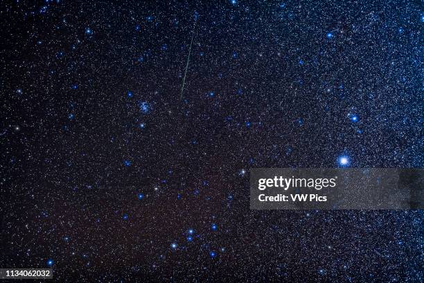 The small constellation of Canis Minor, at right, with the bright star Procyon, and Cancer the crab to the left, with the star cluster Messier 44, or...