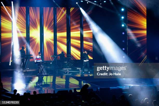 Jack & Jack perform on stage at We Day Uk at SSE Arena, Wembley Arena on March 06, 2019 in London, England.