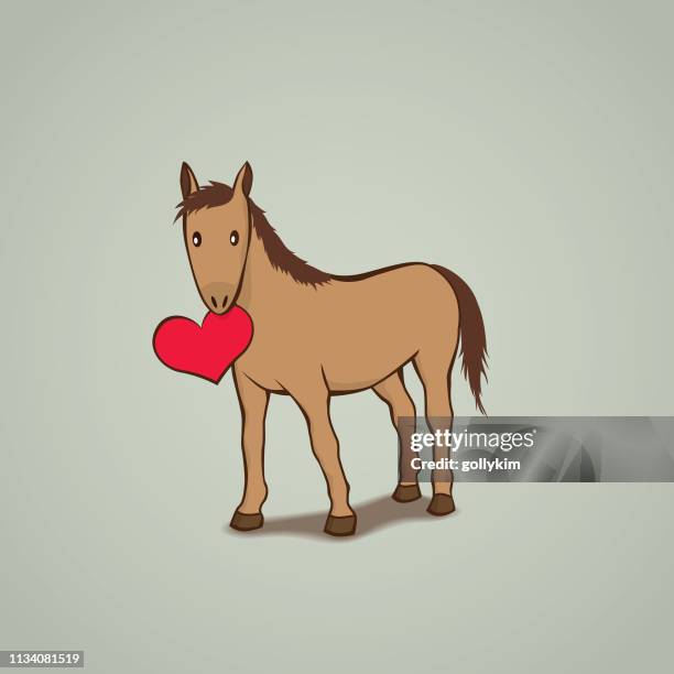 cute horse with a red love heart - horse tail stock illustrations