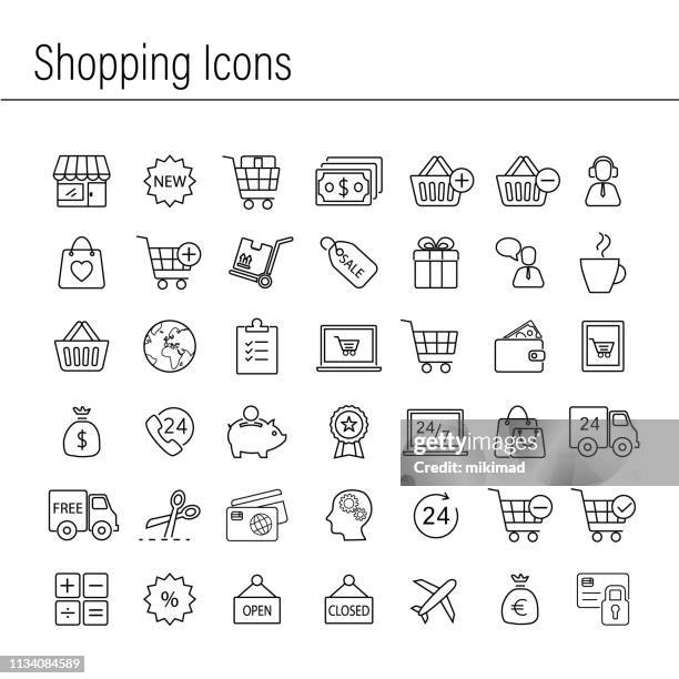 vector shopping commerce icon set. single line - website button stock illustrations