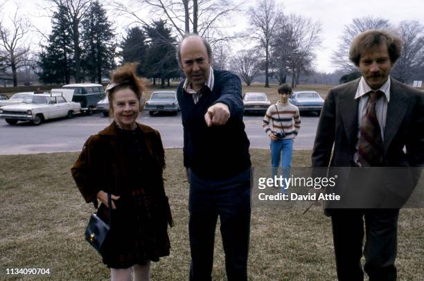 Actress Ruth Gordon, Director Carl Reiner, and actor George Segal on the set of the movie "Where's Poppa?" in May, 1970 in Long Island, New York.