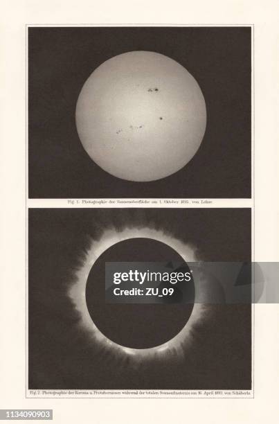 ilustraciones, imágenes clip art, dibujos animados e iconos de stock de la superficie del sol y el eclipse, cromolitografías después de las fotografías, publicado en 1897 - corona sun