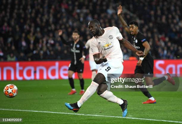 Romelu Lukaku of Manchester United scores his sides second goal during the UEFA Champions League Round of 16 Second Leg match between Paris...