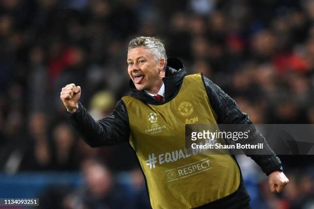 Ole Gunnar Solskjaer, Manager of Manchester United celebrates his side second goal during the UEFA Champions League Round of 16 Second Leg match...