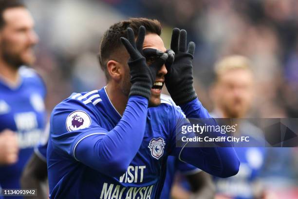 Victor Camarasa of Cardiff City gestures during the Premier League match between Cardiff City and Chelsea FC at Cardiff City Stadium on March 31,...