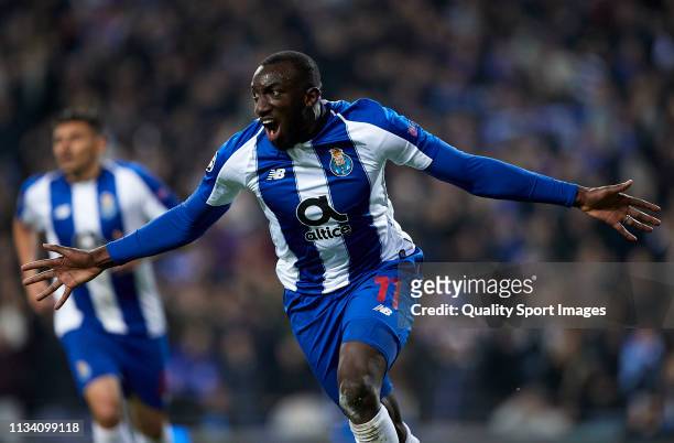 Moussa Marega of Porto celebrates after scoring his team's second goal during the UEFA Champions League Round of 16 Second Leg match between FC Porto...