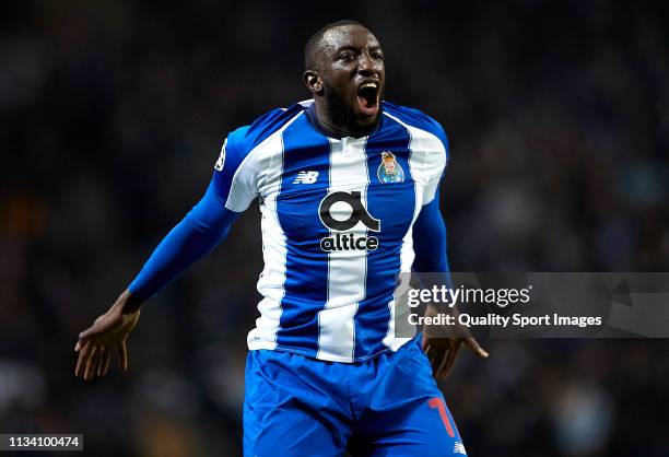 Moussa Marega of Porto celebrates after scoring his team's second goal during the UEFA Champions League Round of 16 Second Leg match between FC Porto...