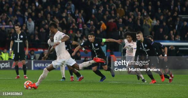 Marcus Rashford of Manchester United scores their third goal during the UEFA Champions League Round of 16 Second Leg match between Paris...