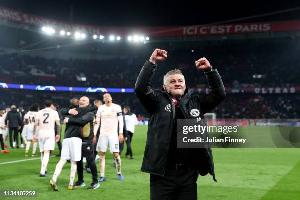 Ole Gunnar Solskjaer, Manager of Manchester United celebrates victory during the UEFA Champions League Round of 16 Second Leg match between Paris...