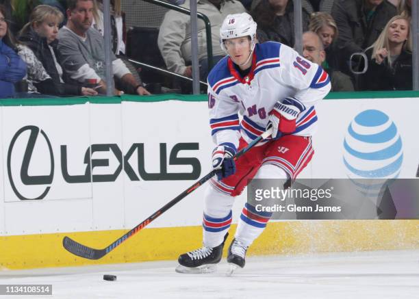 Ryan Strome of the New York Rangers handles the puck against the Dallas Stars at the American Airlines Center on March 5, 2019 in Dallas, Texas.