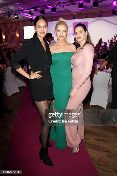 Elena Carriere, Anna Hiltrop and Hana Nitsche attend the Gloria - Deutscher Kosmetikpreis at Hilton Hotel on March 30, 2019 in Duesseldorf, Germany.