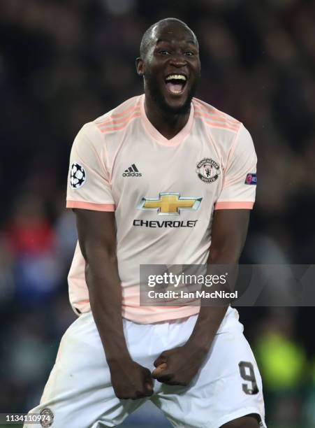 Romelu Lukaku of Manchester United celebrates at the penalty award during the UEFA Champions League Round of 16 Second Leg match between Paris...