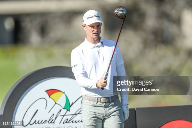 Justin Rose of England lines up a drive with his new Honma driver during the pro-am as a preview for the 2019 Arnold Palmer Invitational presented by...