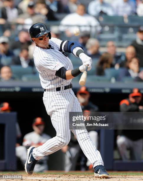 Troy Tulowitzki of the New York Yankees in action against the Baltimore Orioles on Opening Day at Yankee Stadium on March 28, 2019 in the Bronx...