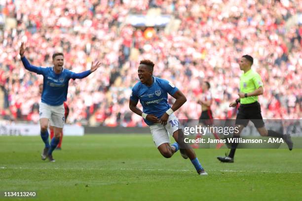 Jamal Lowe of Portsmouth celebrates after scoring a goal to make it 2-1 during the Checkatrade Trophy Final between Sunderland AFC and Portsmouth FC...