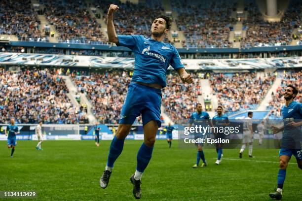 Sardar Azmoun of FC Zenit Saint Petersburg celebrates his goal during the Russian Premier League match between FC Zenit Saint Petersburg and FC...