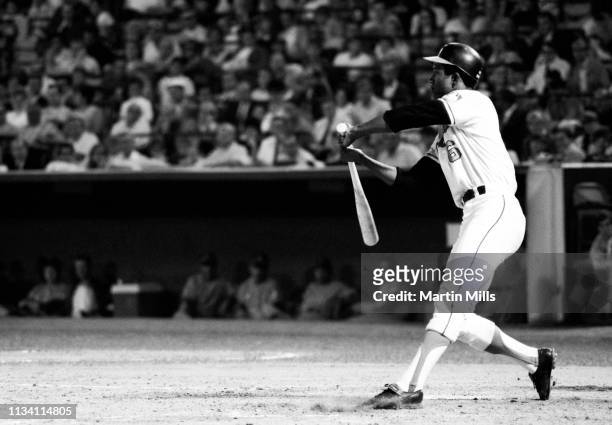 Paul Blair of the Baltimore Orioles bats during an MLB game against the Seattle Pilots on August 28, 1969 at Memorial Stadium in Baltimore, Maryland.
