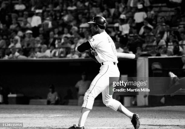 Paul Blair of the Baltimore Orioles bats during an MLB game against the Seattle Pilots on August 28, 1969 at Memorial Stadium in Baltimore, Maryland.