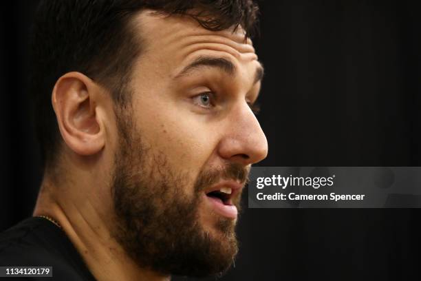 Andrew Bogut speaks to the media during a press conference announcing his short term contract with the Golden State Warriors, at Qudos Bank Arena on...