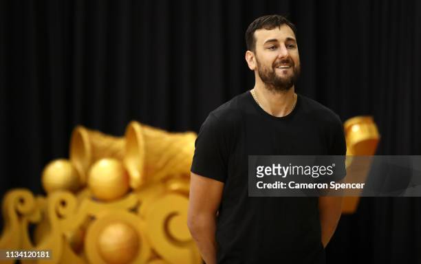 Andrew Bogut speaks to the media during a press conference announcing his short term contract with the Golden State Warriors, at Qudos Bank Arena on...